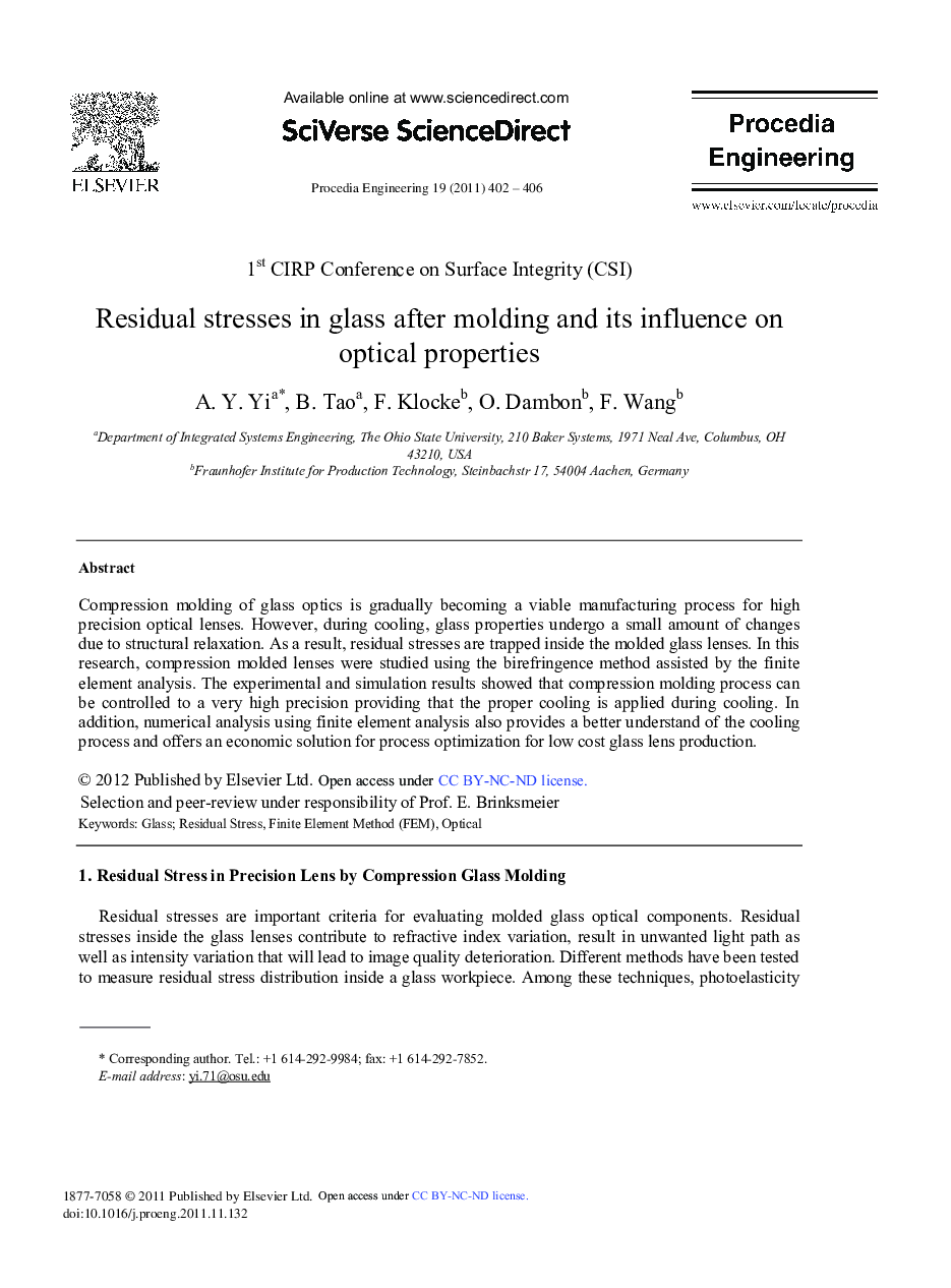 Residual stresses in glass after molding and its influence on optical properties
