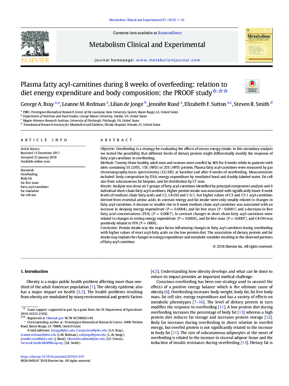 Plasma fatty acyl-carnitines during 8â¯weeks of overfeeding: relation to diet energy expenditure and body composition: the PROOF study