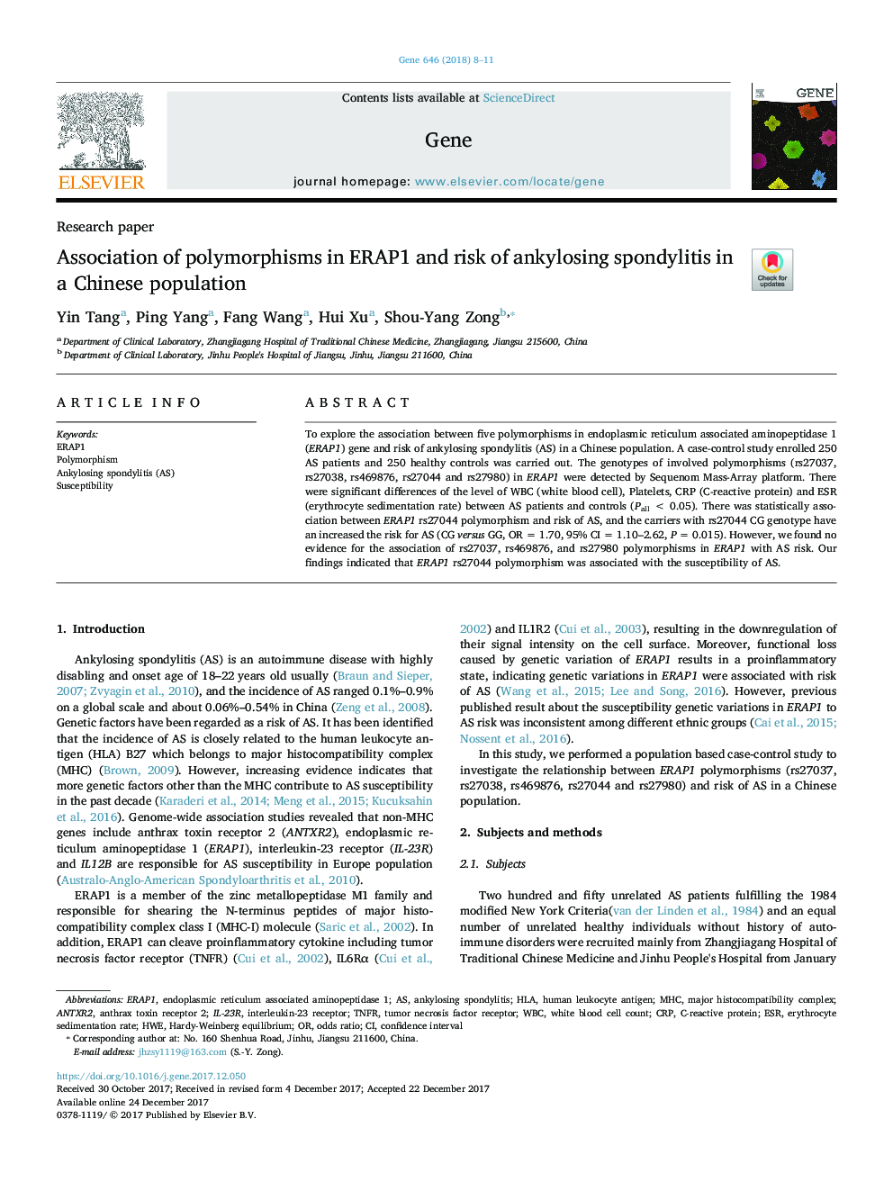 Association of polymorphisms in ERAP1 and risk of ankylosing spondylitis in a Chinese population