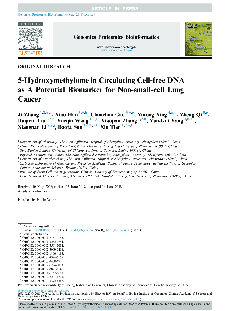 5-Hydroxymethylome in Circulating Cell-free DNA as A Potential Biomarker for Non-small-cell Lung Cancer