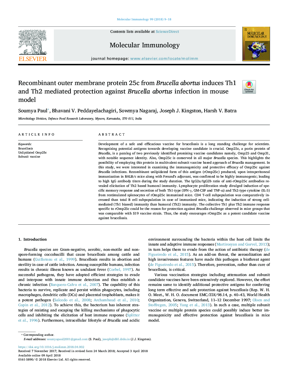 Recombinant outer membrane protein 25c from Brucella abortus induces Th1 and Th2 mediated protection against Brucella abortus infection in mouse model