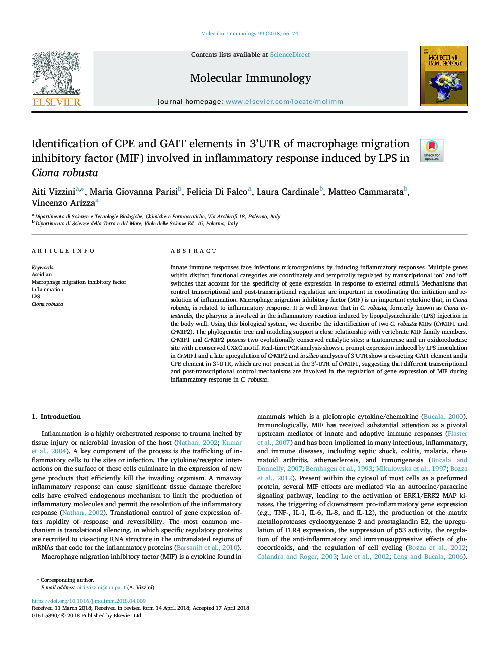 Identification of CPE and GAIT elements in 3'UTR of macrophage migration inhibitory factor (MIF) involved in inflammatory response induced by LPS in Ciona robusta