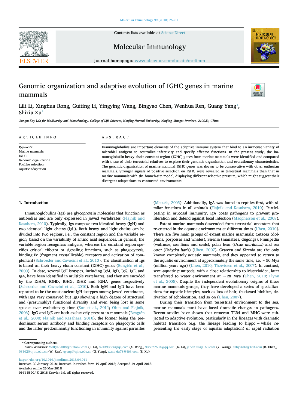 Genomic organization and adaptive evolution of IGHC genes in marine mammals