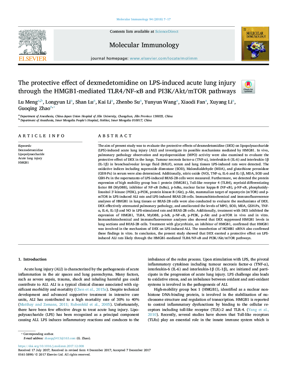 The protective effect of dexmedetomidine on LPS-induced acute lung injury through the HMGB1-mediated TLR4/NF-ÎºB and PI3K/Akt/mTOR pathways