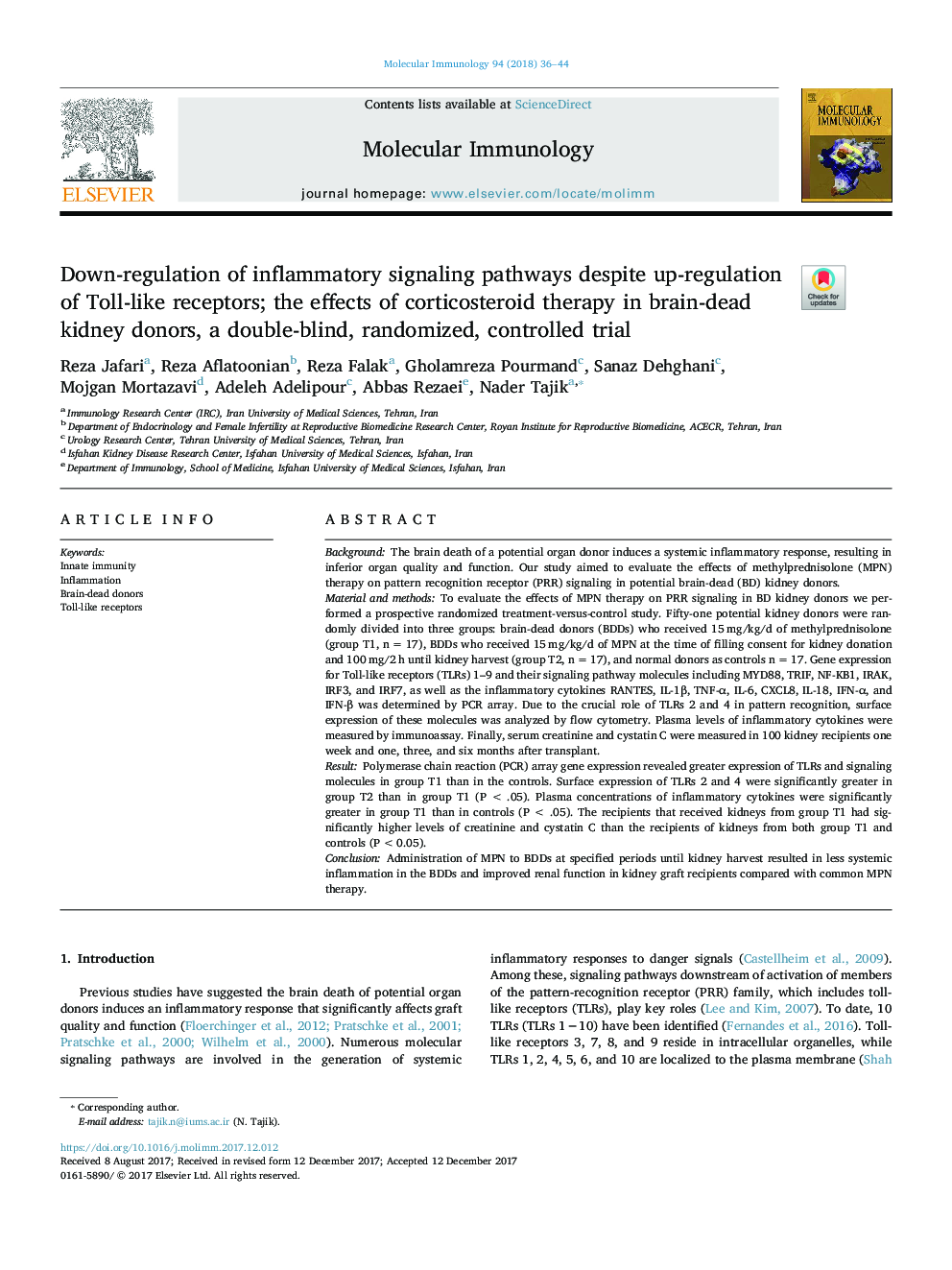 Down-regulation of inflammatory signaling pathways despite up-regulation of Toll-like receptors; the effects of corticosteroid therapy in brain-dead kidney donors, a double-blind, randomized, controlled trial