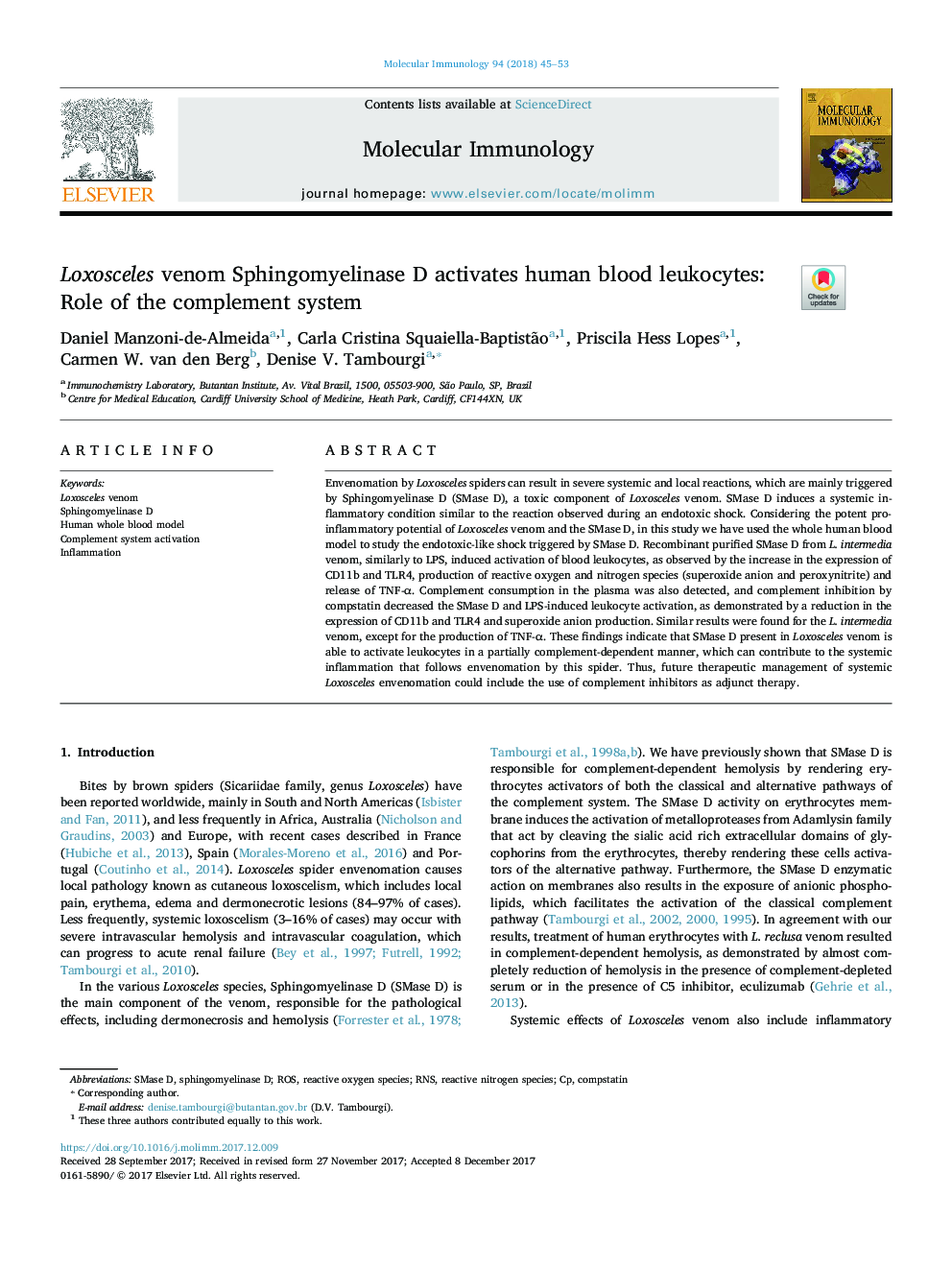 Loxosceles venom Sphingomyelinase D activates human blood leukocytes: Role of the complement system