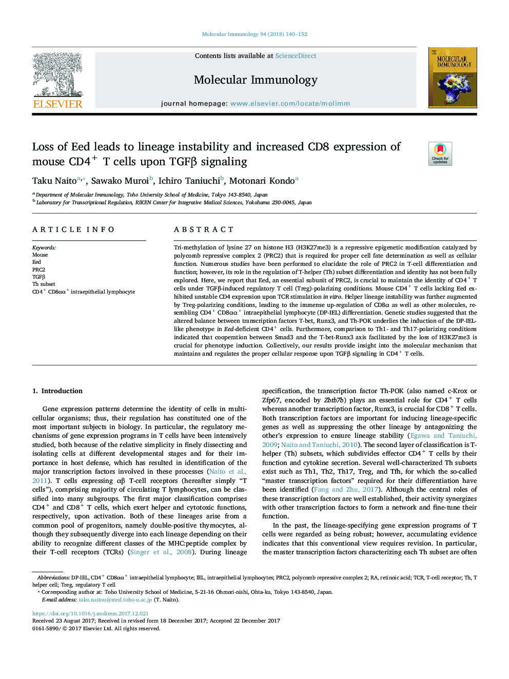 Loss of Eed leads to lineage instability and increased CD8 expression of mouse CD4+ T cells upon TGFÎ² signaling