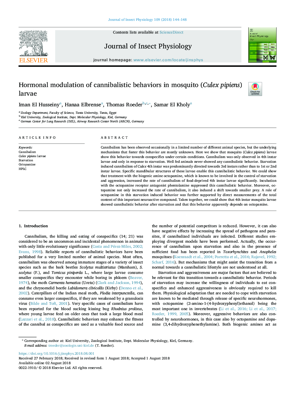 Hormonal modulation of cannibalistic behaviors in mosquito (Culex pipiens) larvae