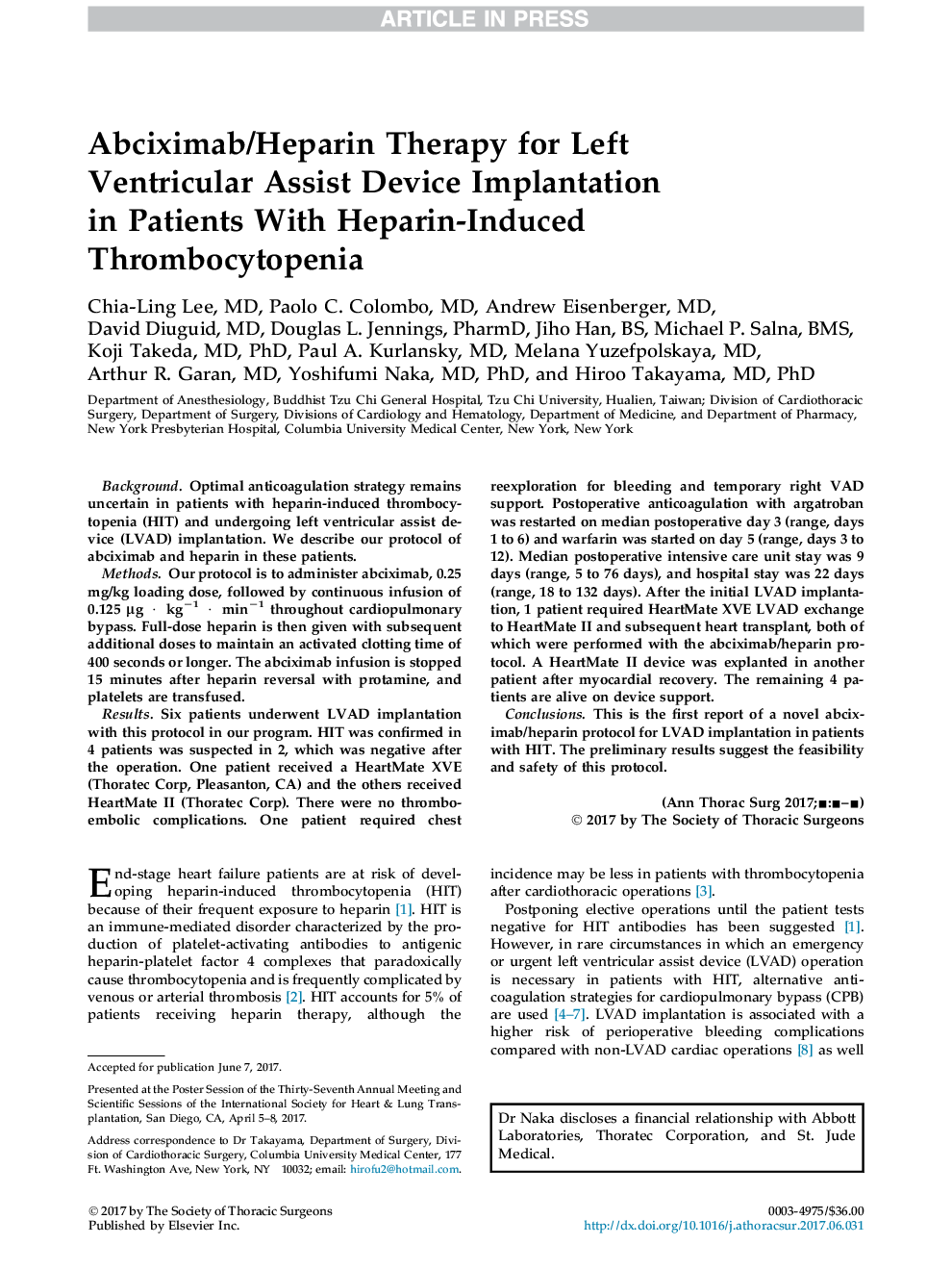 Abciximab/Heparin Therapy for Left Ventricular Assist Device Implantation in Patients With Heparin-Induced Thrombocytopenia