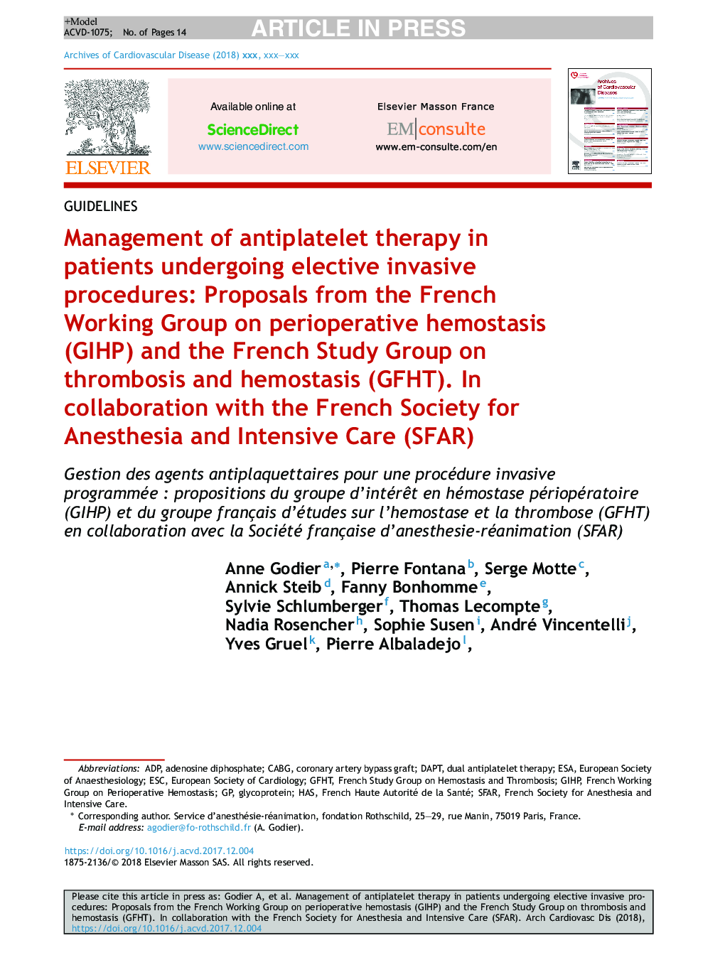 Management of antiplatelet therapy in patients undergoing elective invasive procedures: Proposals from the French Working Group on perioperative hemostasis (GIHP) and the French Study Group on thrombosis and hemostasis (GFHT). In collaboration with the Fr