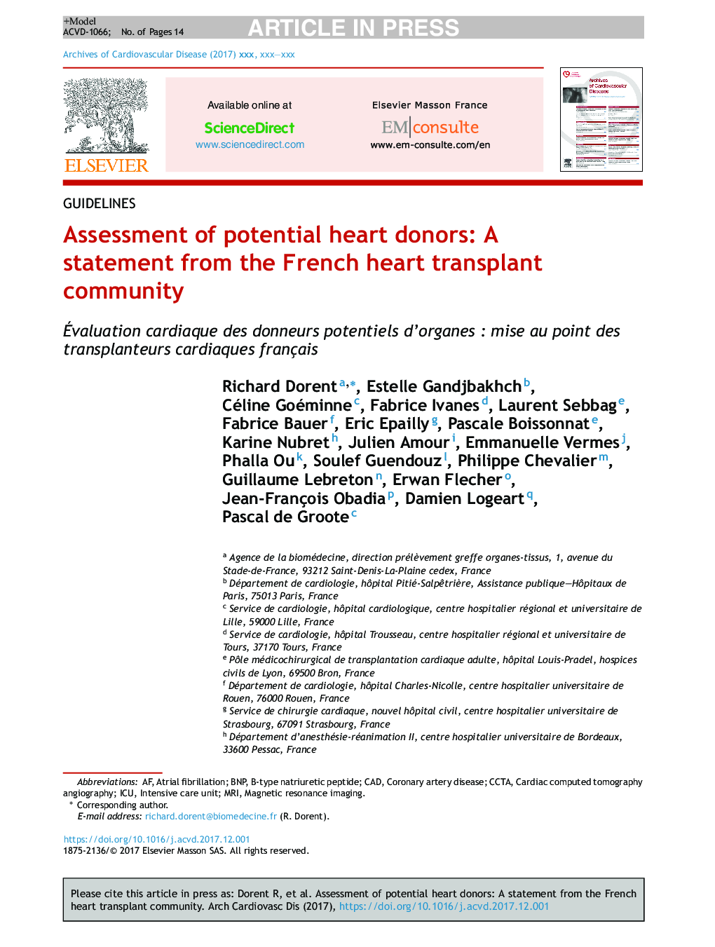 ارزیابی اهداکنندگان بالقوه قلب: بیانیه ای از انجمن پیوند قلب فرانسوی 