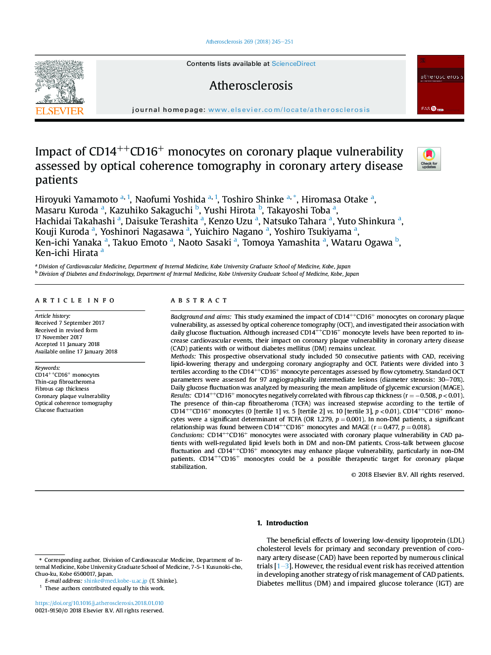 Impact of CD14++CD16+ monocytes on coronary plaque vulnerability assessed by optical coherence tomography in coronary artery disease patients