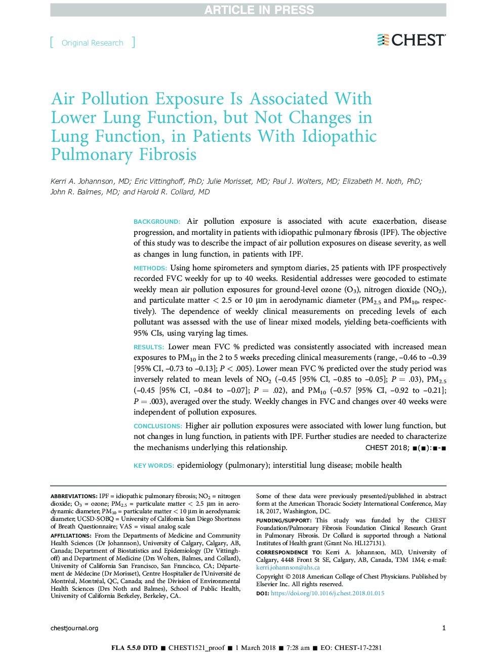 قرار گرفتن در معرض آلودگی هوا با عملکرد پایین ریه ارتباط دارد، اما تغییرات در عملکرد ریه را در بیماران مبتلا به فیبروز ریه ایدیوپاتیک 