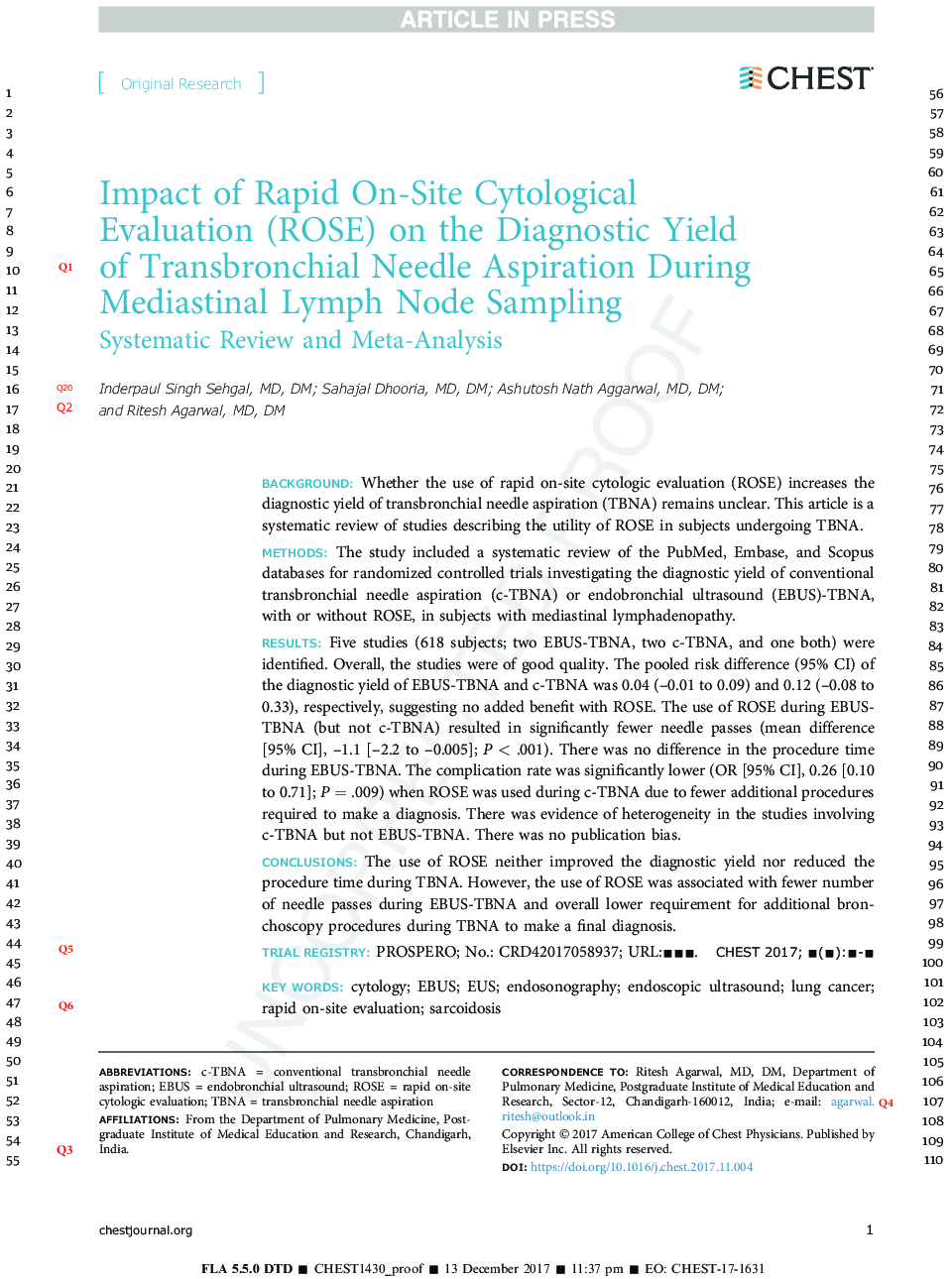 Impact of Rapid On-Site Cytological Evaluation (ROSE) on the Diagnostic Yield of Transbronchial Needle Aspiration During Mediastinal Lymph Node Sampling