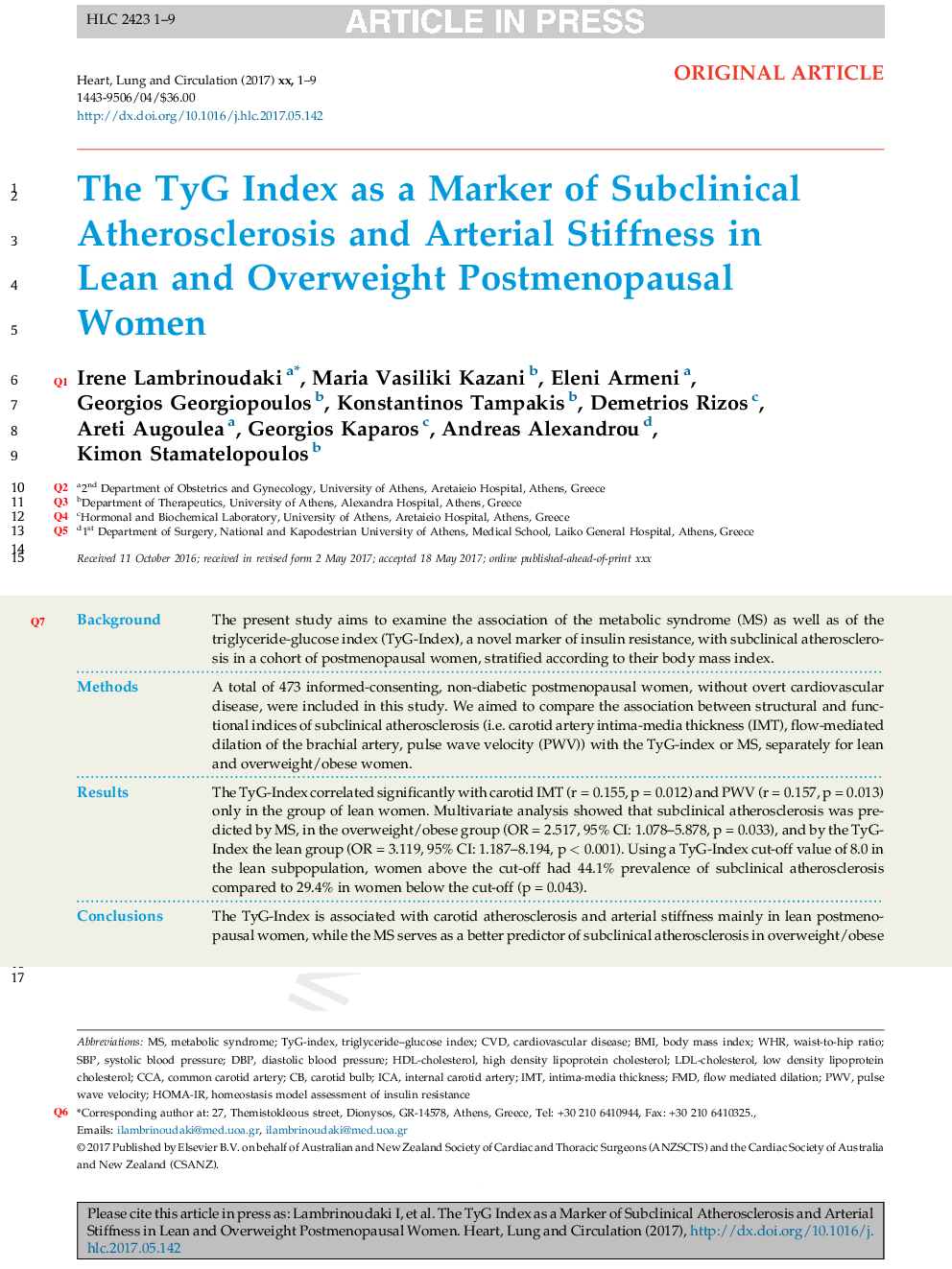 The TyG Index as a Marker of Subclinical Atherosclerosis and Arterial Stiffness in Lean and Overweight Postmenopausal Women