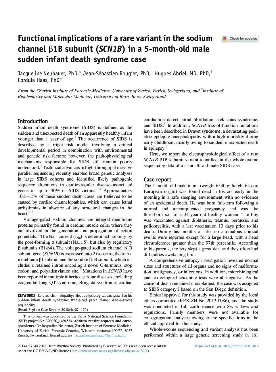 Functional implications of a rare variant in the sodium channel Î²1B subunit (SCN1B) in a 5-month-old male sudden infant death syndrome case