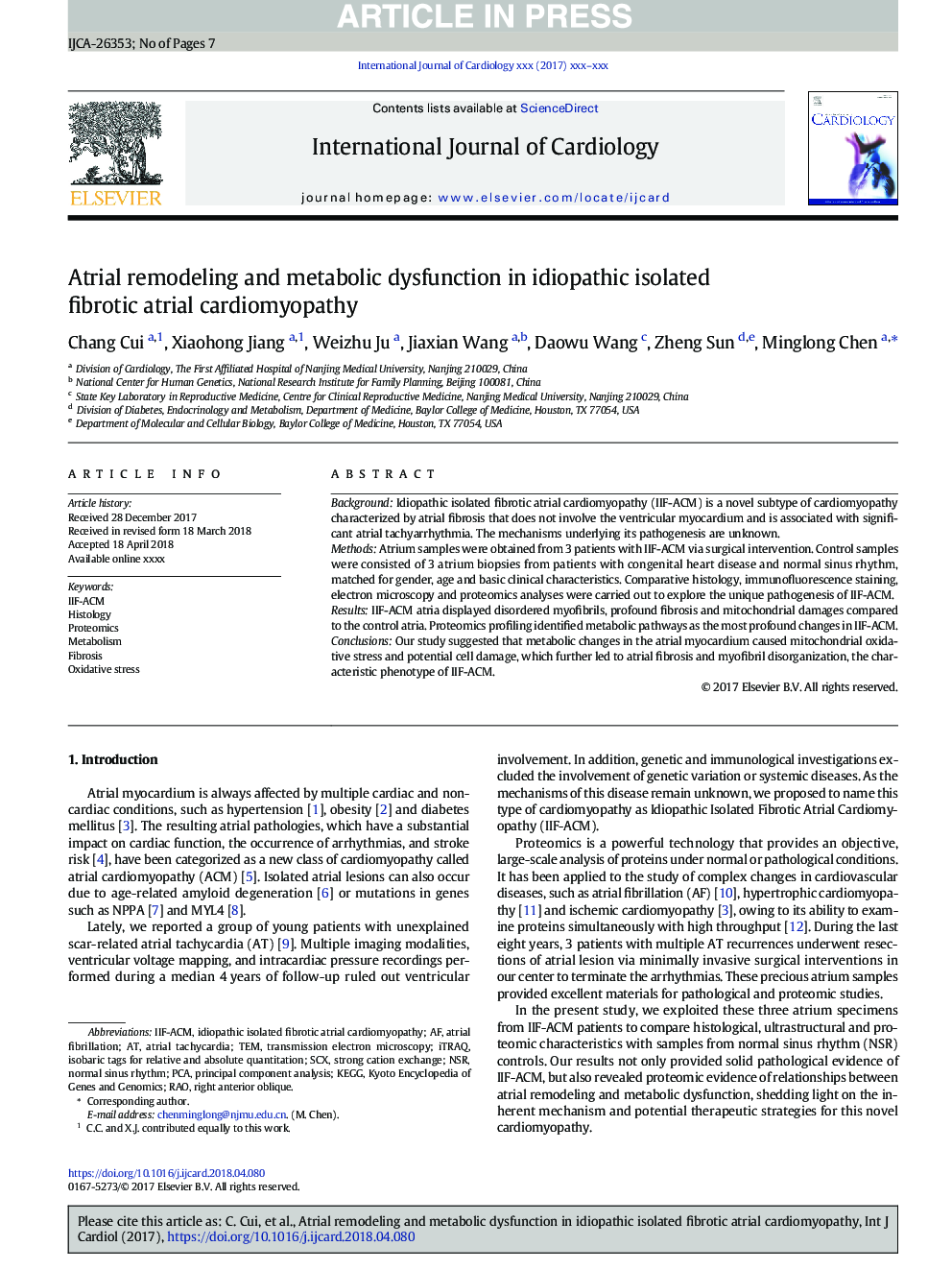 تغییرات دهلیزی و اختلال متابولیک در بیماران مبتلا به کاردیومیوپاتی دهلیزی فیبروتیک جدا شده ایادیوپاتی 