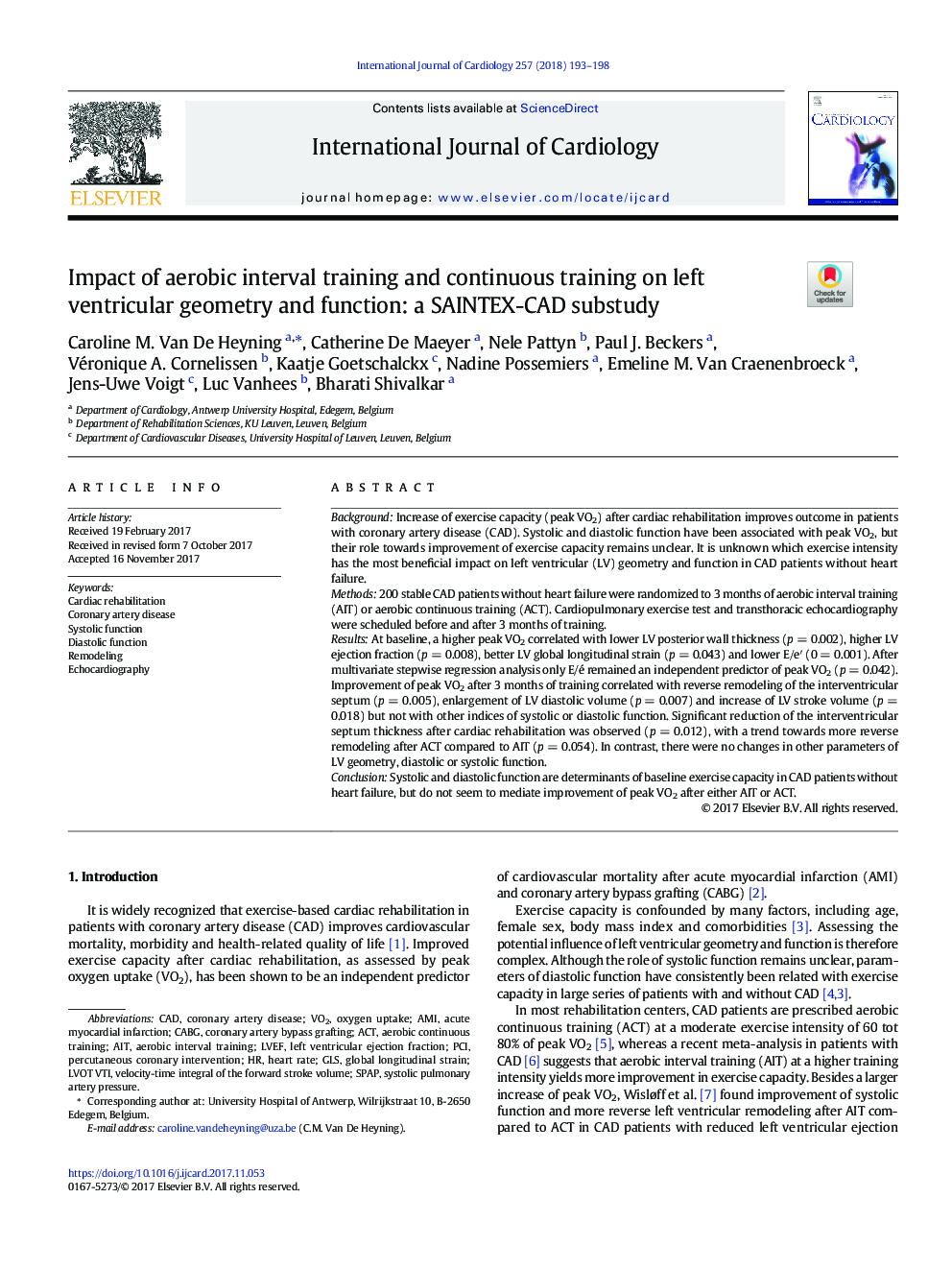 Impact of aerobic interval training and continuous training on left ventricular geometry and function: a SAINTEX-CAD substudy