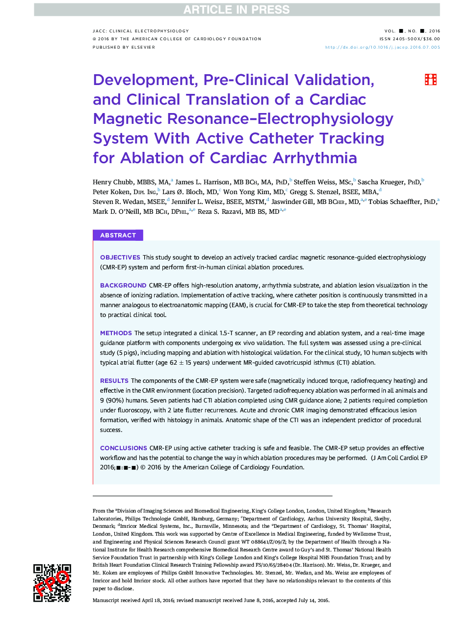 Development, Preclinical Validation, andÂ Clinical Translation of a Cardiac Magnetic Resonance - Electrophysiology System WithÂ Active Catheter Tracking forÂ Ablation ofÂ Cardiac Arrhythmia