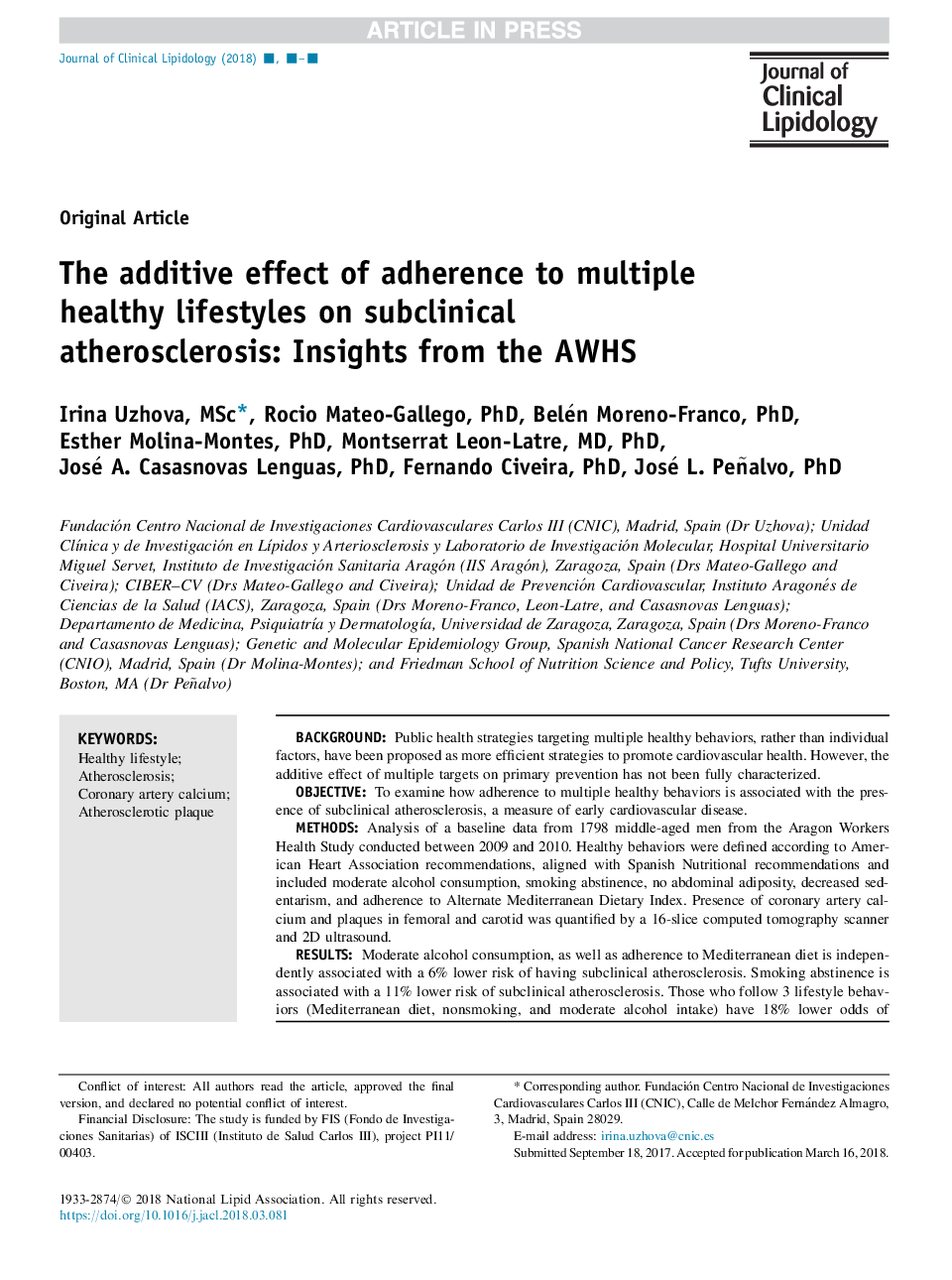 The additive effect of adherence to multiple healthy lifestyles on subclinical atherosclerosis: Insights from the AWHS