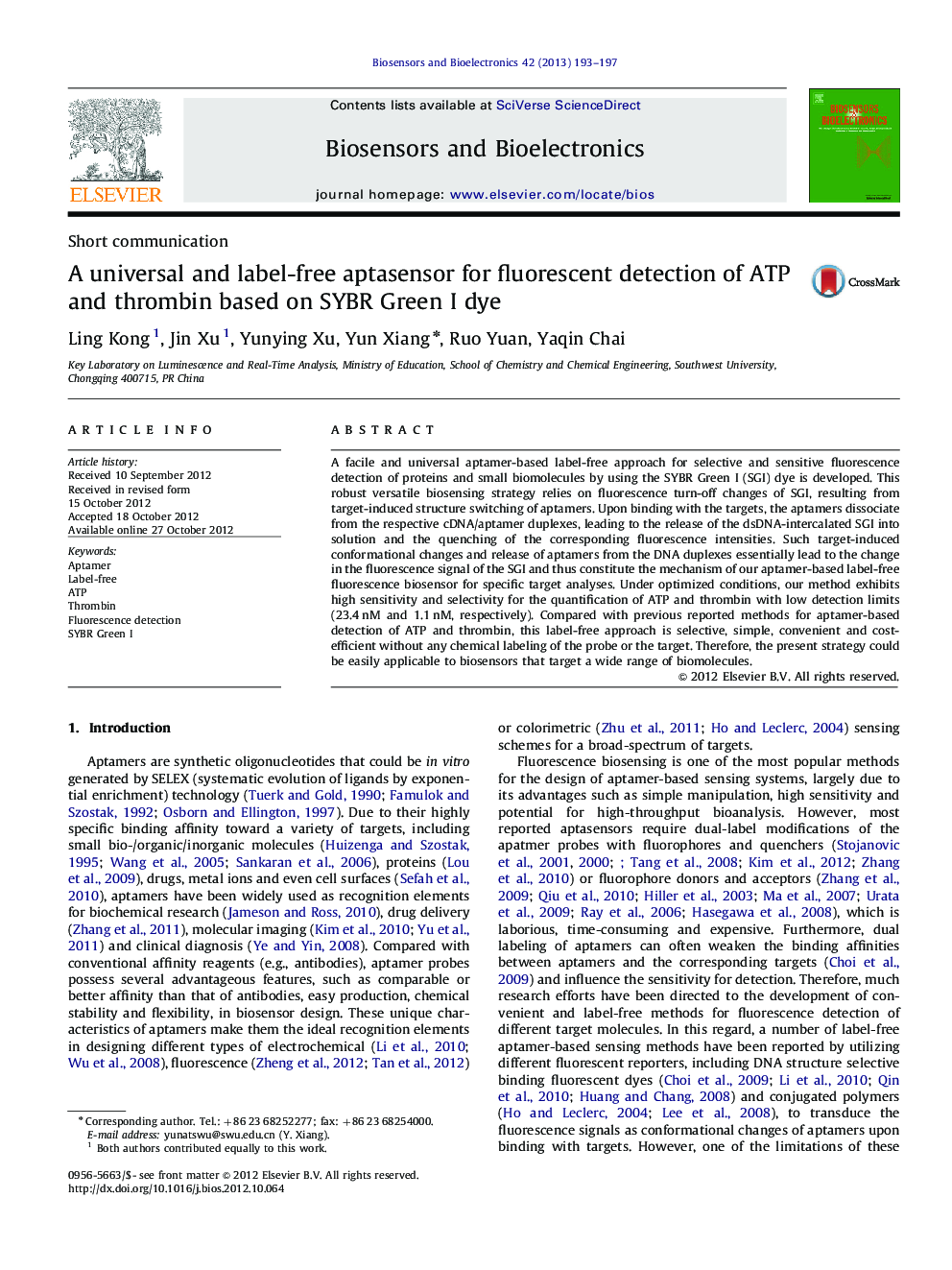 A universal and label-free aptasensor for fluorescent detection of ATP and thrombin based on SYBR Green Idye