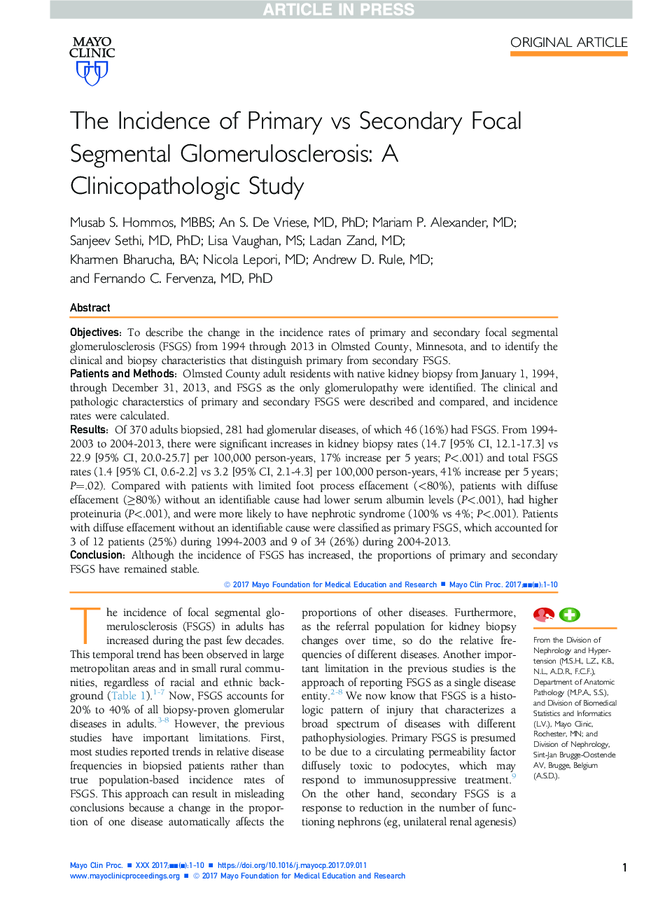 بروز ابتلا به گلومرول اسکلروز بخش مرکزی ثانویه: یک مطالعه کلینیکوپاتولوژیک 