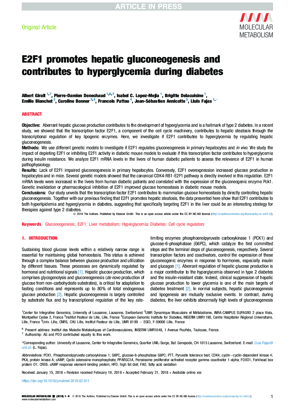 E2F1 promotes hepatic gluconeogenesis and contributes to hyperglycemia during diabetes