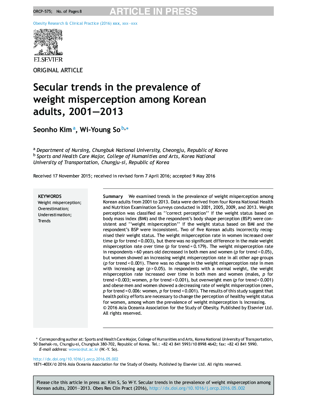 روند صلح در شیوع اشتباه وزن در میان بزرگسالان کره ای، 2001-2013 