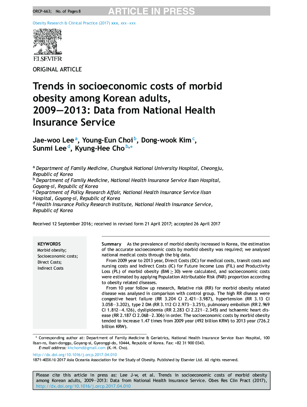 روند در هزینه های اجتماعی اقتصادی از چاقی مفرط در بین بزرگسالان کره ای، 2009-2013: داده ها از خدمات ملی خدمات بهداشتی 