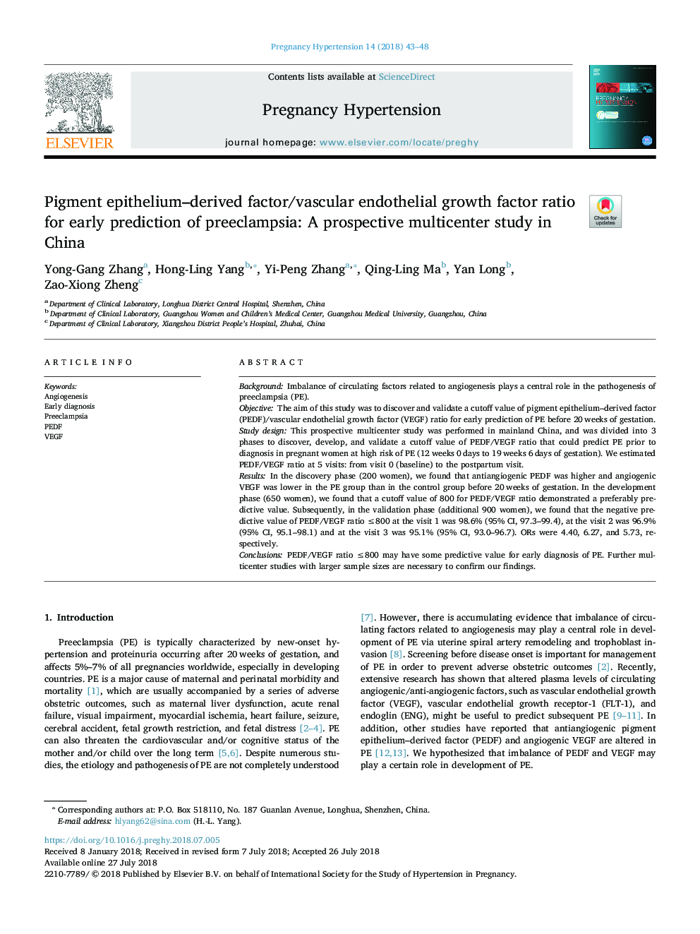 نسبت عامل فاکتور مشتق شده از اپیتلیوم رنگی / نسبت فاکتور رشد اندوتلیال عروقی برای پیشگویی اولیه پره اکلامپسی: یک مطالعه چند بعدی مرکزیت در چین 