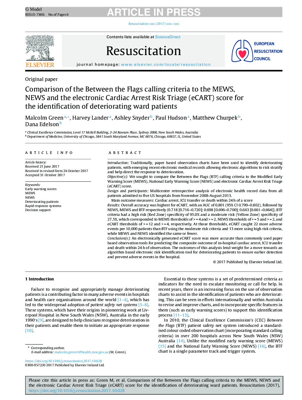 Comparison of the Between the Flags calling criteria to the MEWS, NEWS and the electronic Cardiac Arrest Risk Triage (eCART) score for the identification of deteriorating ward patients