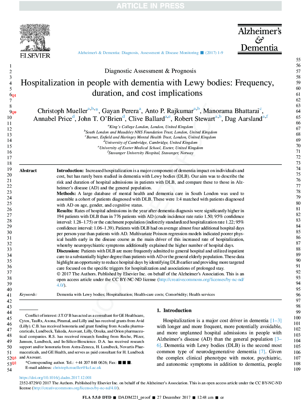 Hospitalization in people with dementia with Lewy bodies: Frequency, duration, and cost implications