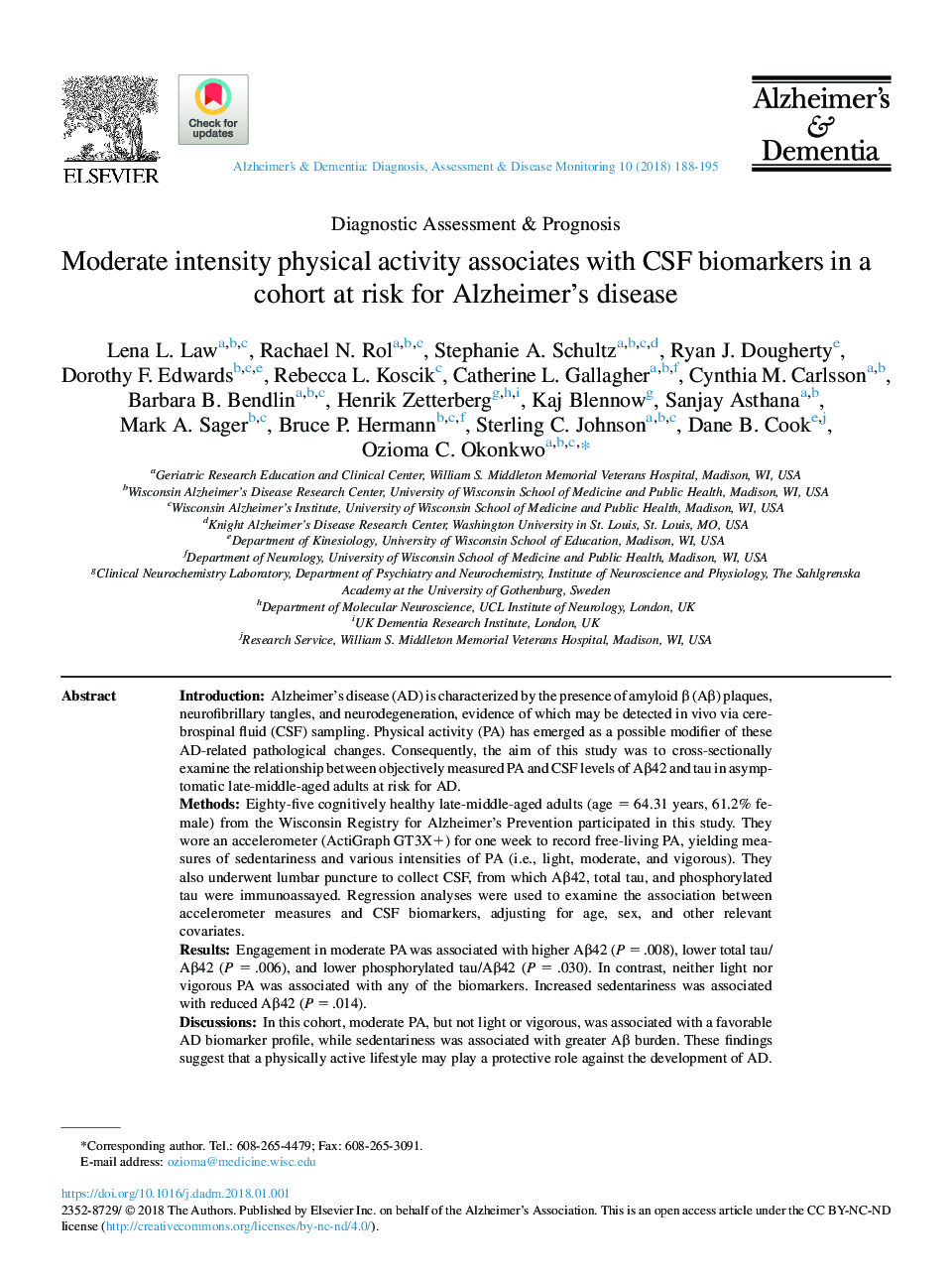 Moderate intensity physical activity associates with CSF biomarkers in a cohort at risk for Alzheimer's disease