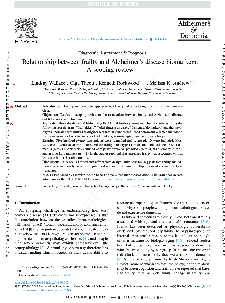 Relationship between frailty and Alzheimer's disease biomarkers: AÂ scoping review