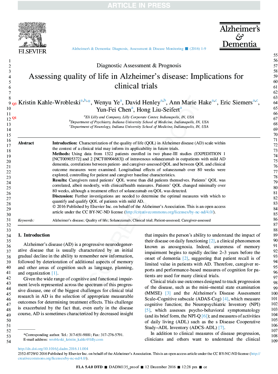 Assessing quality of life in Alzheimer's disease: Implications for clinicalÂ trials