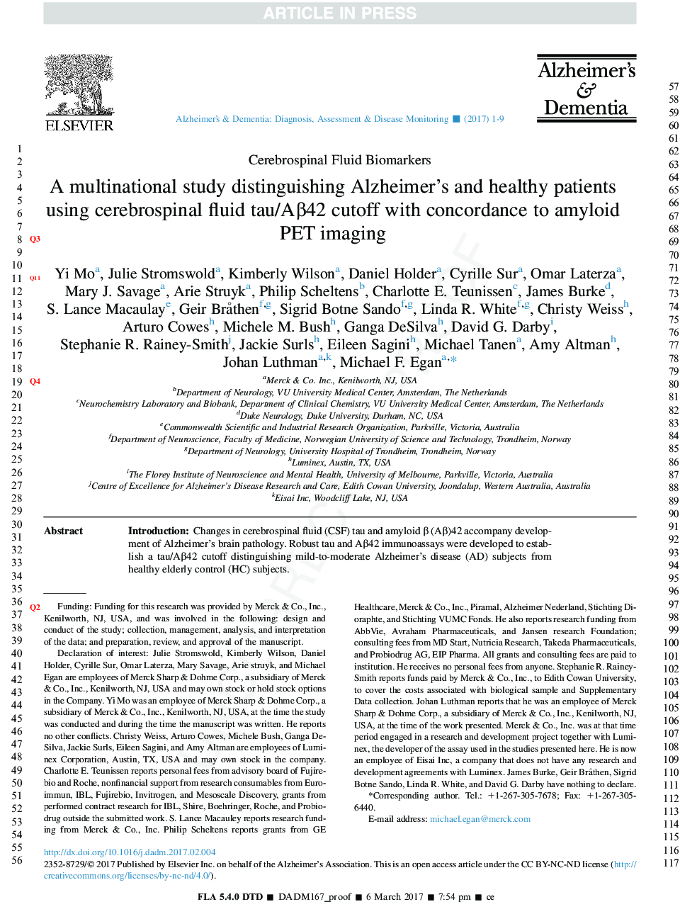 A multinational study distinguishing Alzheimer's and healthy patients using cerebrospinal fluid tau/AÎ²42 cutoff with concordance to amyloid positron emission tomography imaging