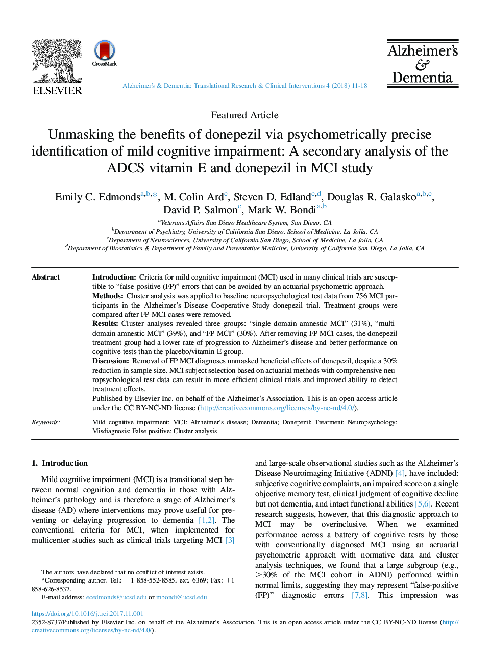 Unmasking the benefits of donepezil via psychometrically precise identification of mild cognitive impairment: A secondary analysis of the ADCS vitamin E and donepezil in MCI study