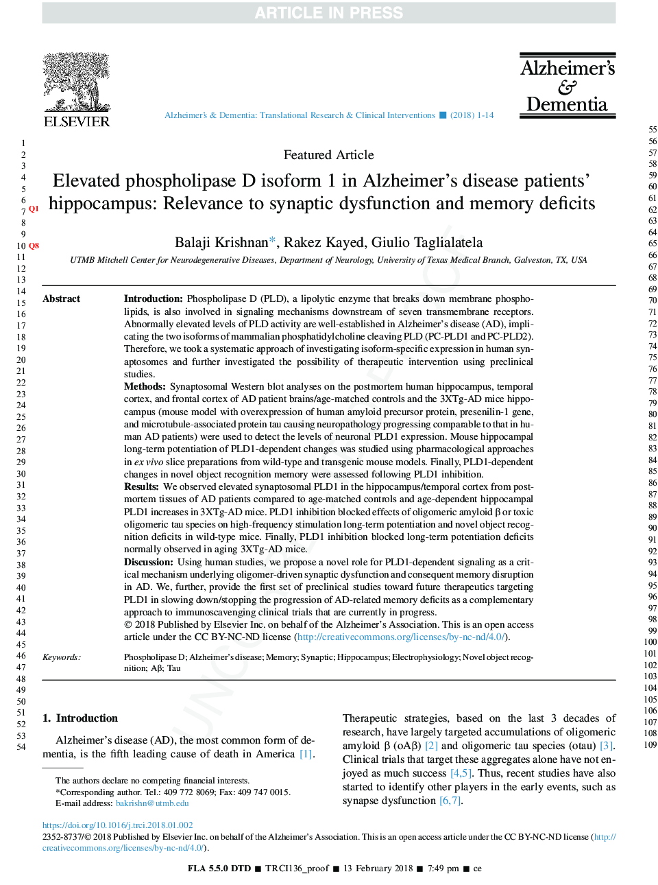 Elevated phospholipase D isoform 1 in Alzheimer's disease patients' hippocampus: Relevance to synaptic dysfunction and memory deficits