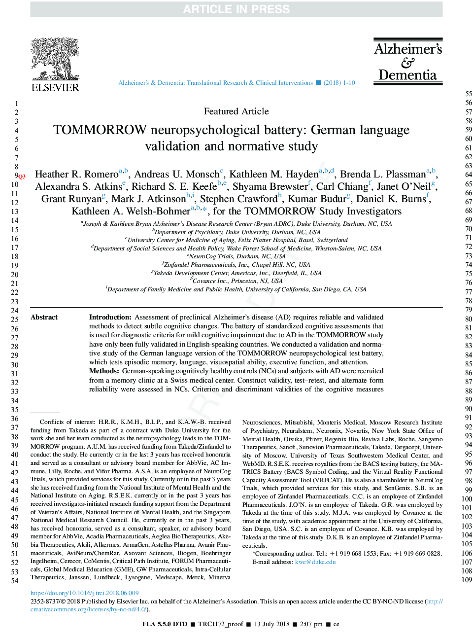 TOMMORROW neuropsychological battery: German language validation and normative study