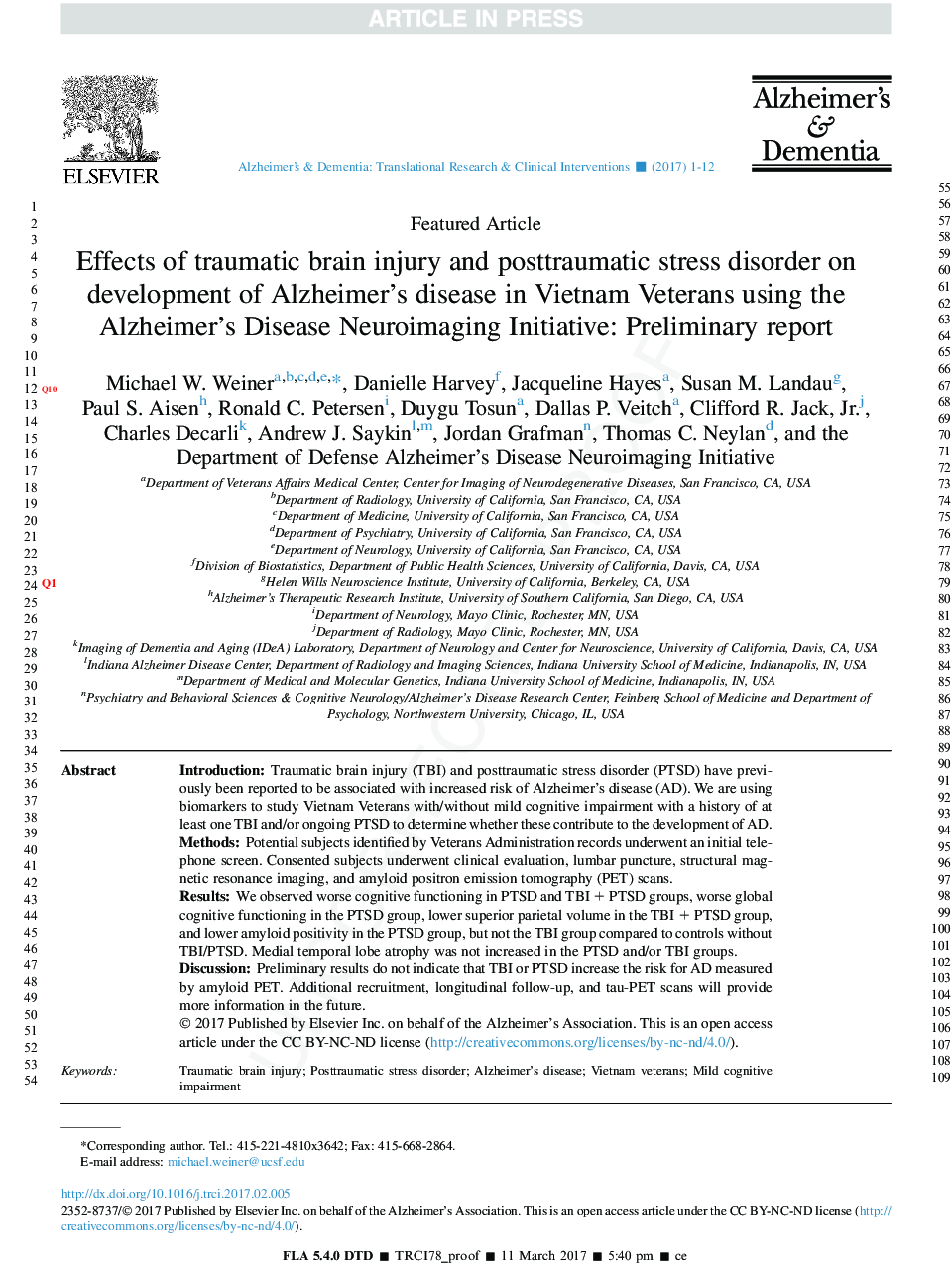 Effects of traumatic brain injury and posttraumatic stress disorder on development of Alzheimer's disease in Vietnam Veterans using the Alzheimer's Disease Neuroimaging Initiative: Preliminary report