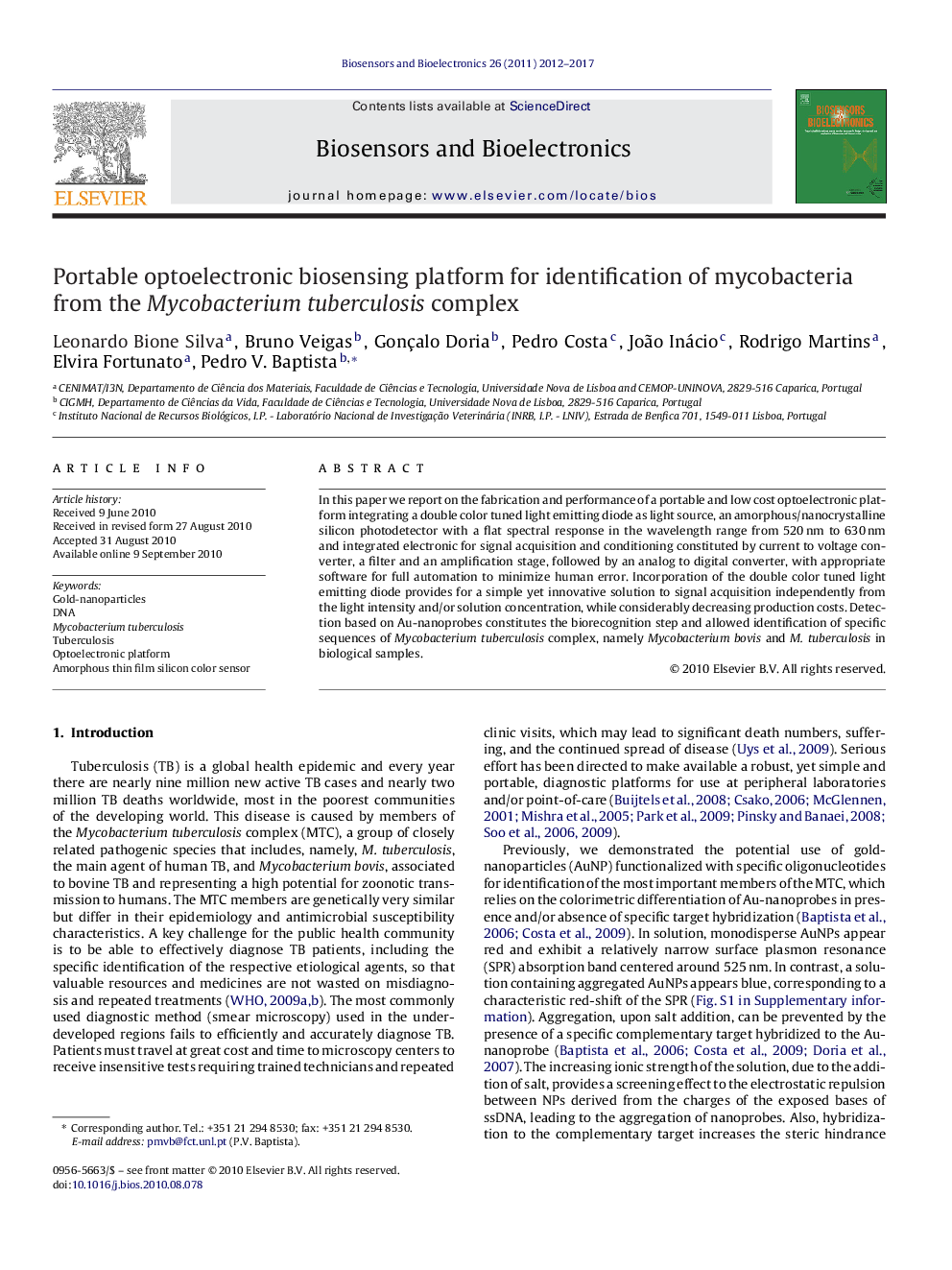 پلت فرم حسگر زیستی اپتوالکترونیکی قابل حمل برای شناسایی مایکوباکتریوم از کمپلکس مایکوباکتریوم توبرکلوزیس