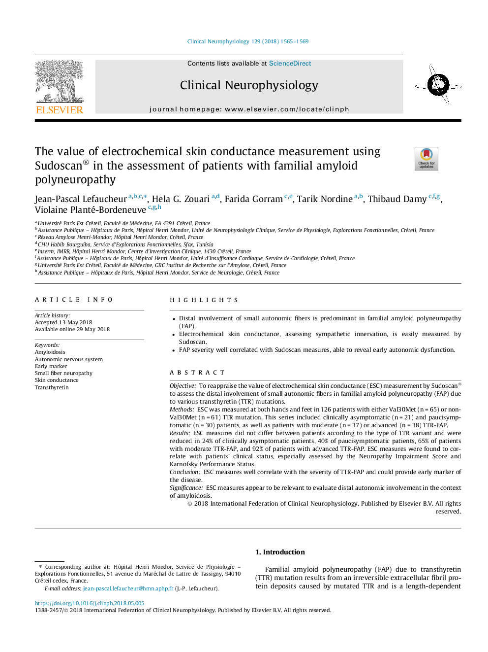 The value of electrochemical skin conductance measurement using Sudoscan® in the assessment of patients with familial amyloid polyneuropathy