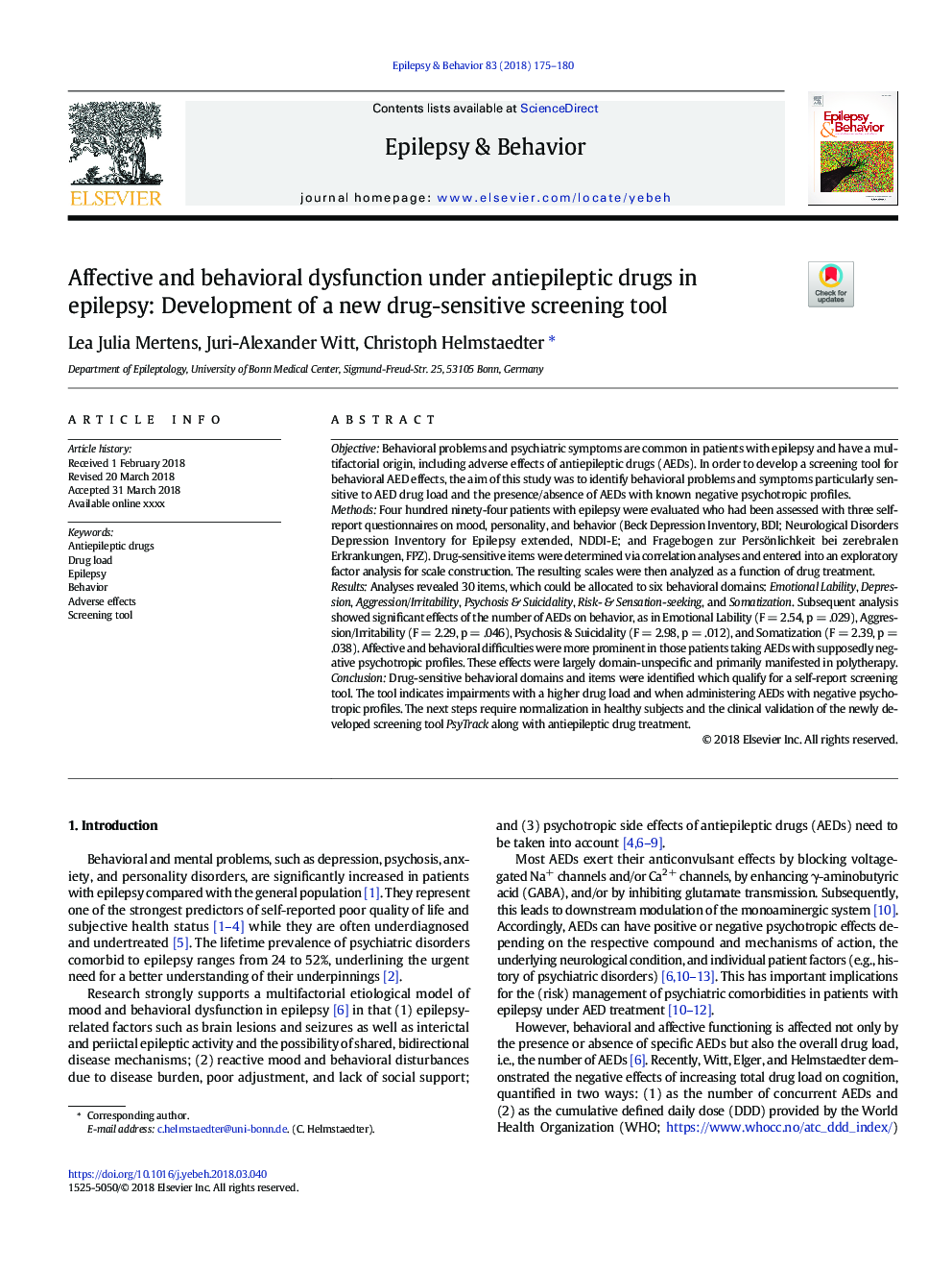 اختلال عملکرد مضر و رفتاری تحت داروهای ضد صرعی در صرع: ایجاد ابزار جدید غربالگری حساس به مواد مخدر 