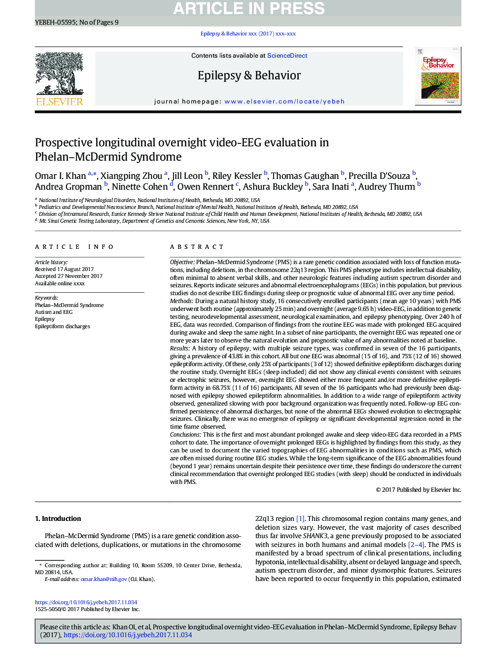 Prospective longitudinal overnight video-EEG evaluation in Phelan-McDermid Syndrome