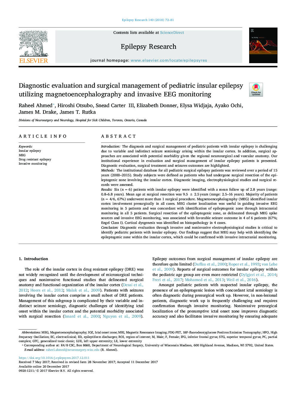 Diagnostic evaluation and surgical management of pediatric insular epilepsy utilizing magnetoencephalography and invasive EEG monitoring