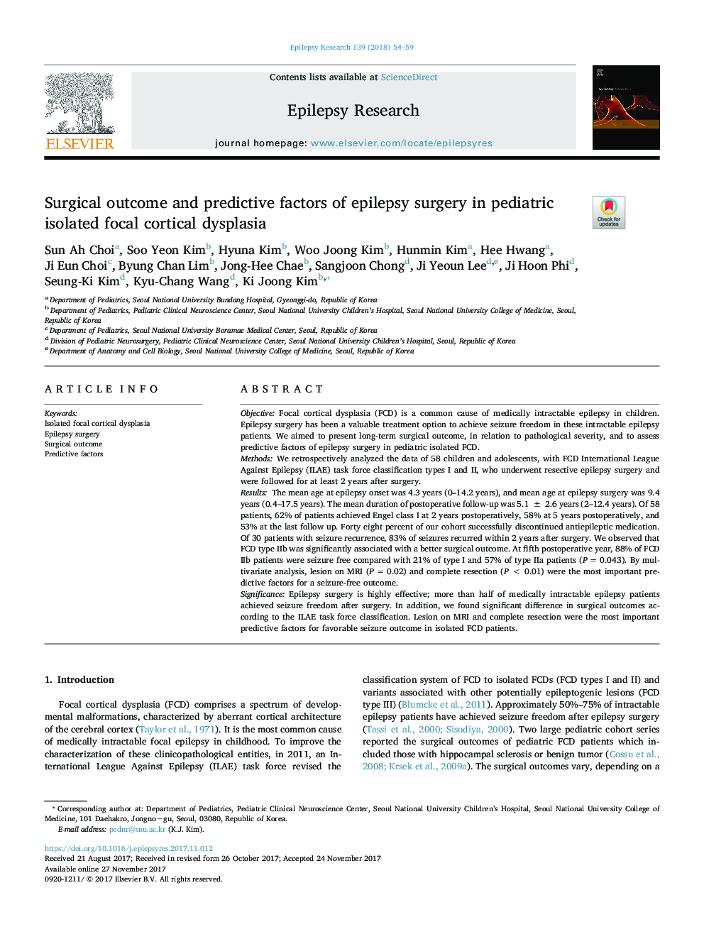 نتیجه جراحی و عوامل پیش بینی کننده جراحی صرع در پرده بکارت کانال کودکان جدا شده از کودکان 