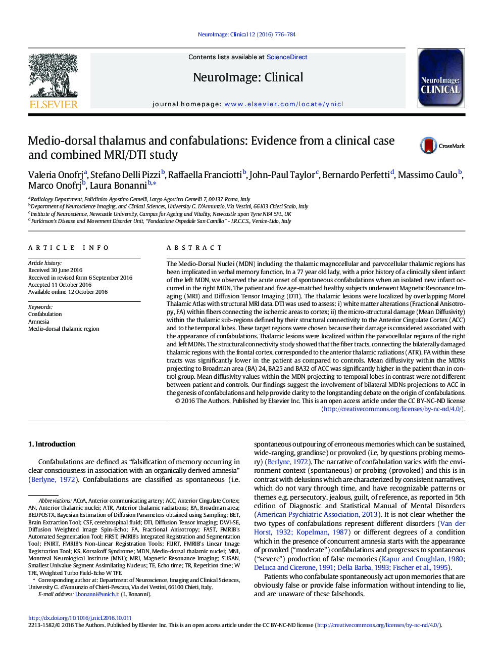 Medio-dorsal thalamus and confabulations: Evidence from a clinical case and combined MRI/DTI study