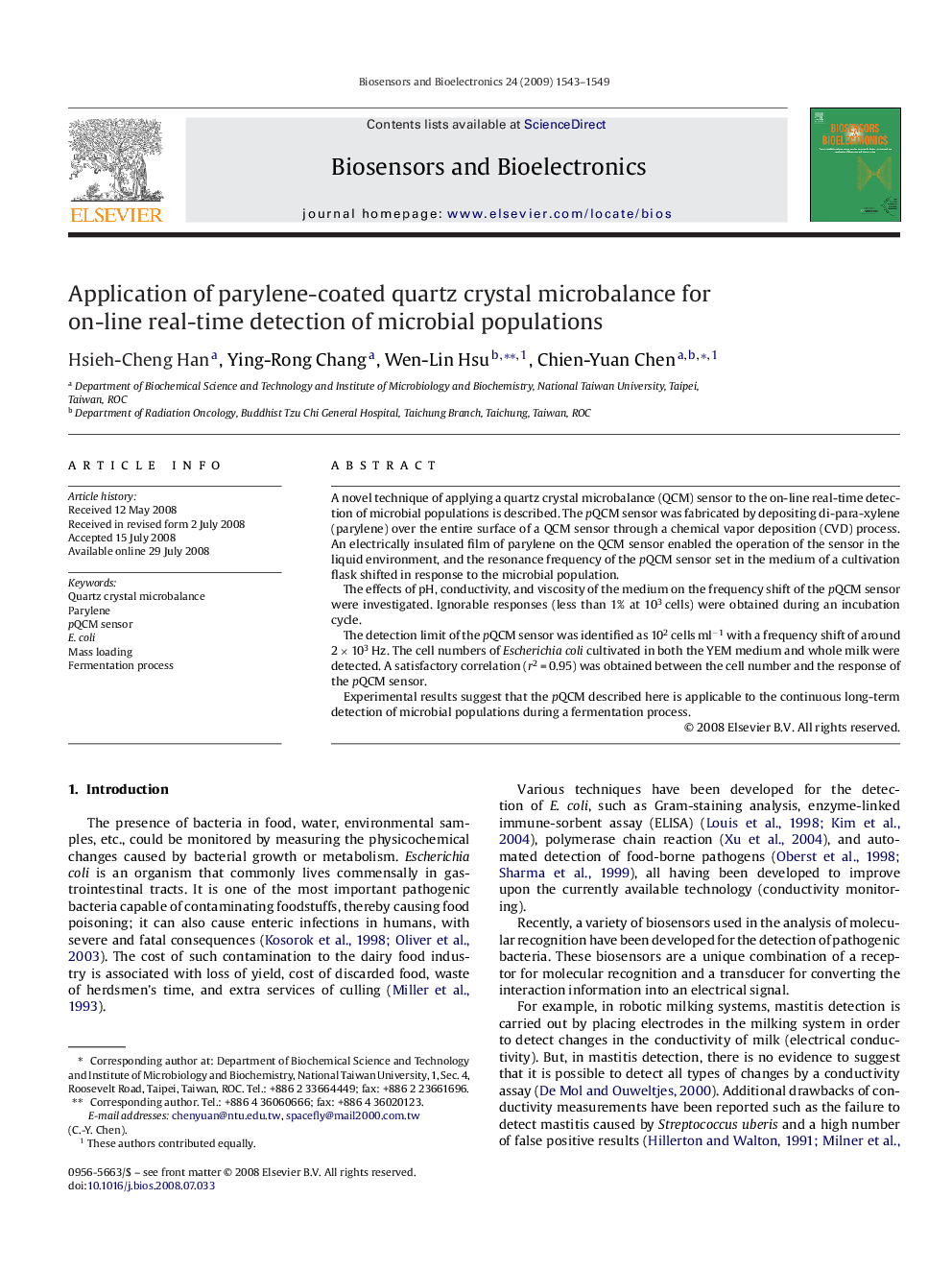 Application of parylene-coated quartz crystal microbalance for on-line real-time detection of microbial populations