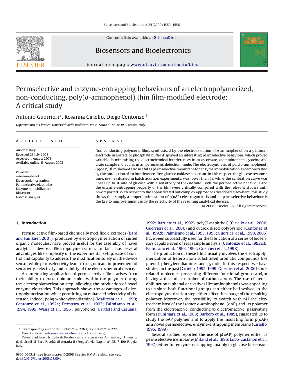 Permselective and enzyme-entrapping behaviours of an electropolymerized, non-conducting, poly(o-aminophenol) thin film-modified electrode: A critical study