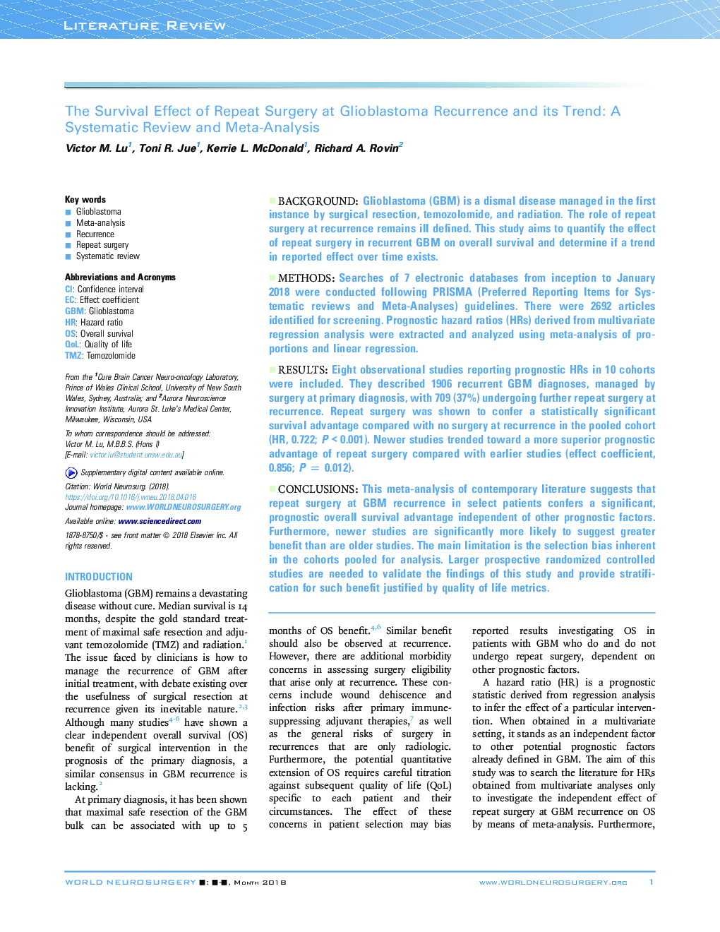 تأثیر بقاء جراحی تکرار در عود گلیوبلاستوما و روند آن: یک بررسی منظم و متاآنالیز 